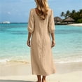 thumbnail image 5 of Ohufall Cotton Linen Dress for Women Bow Square Neck Maxi Dress 3/4 Sleeve Loose Solid Color Dresses, 5 of 8