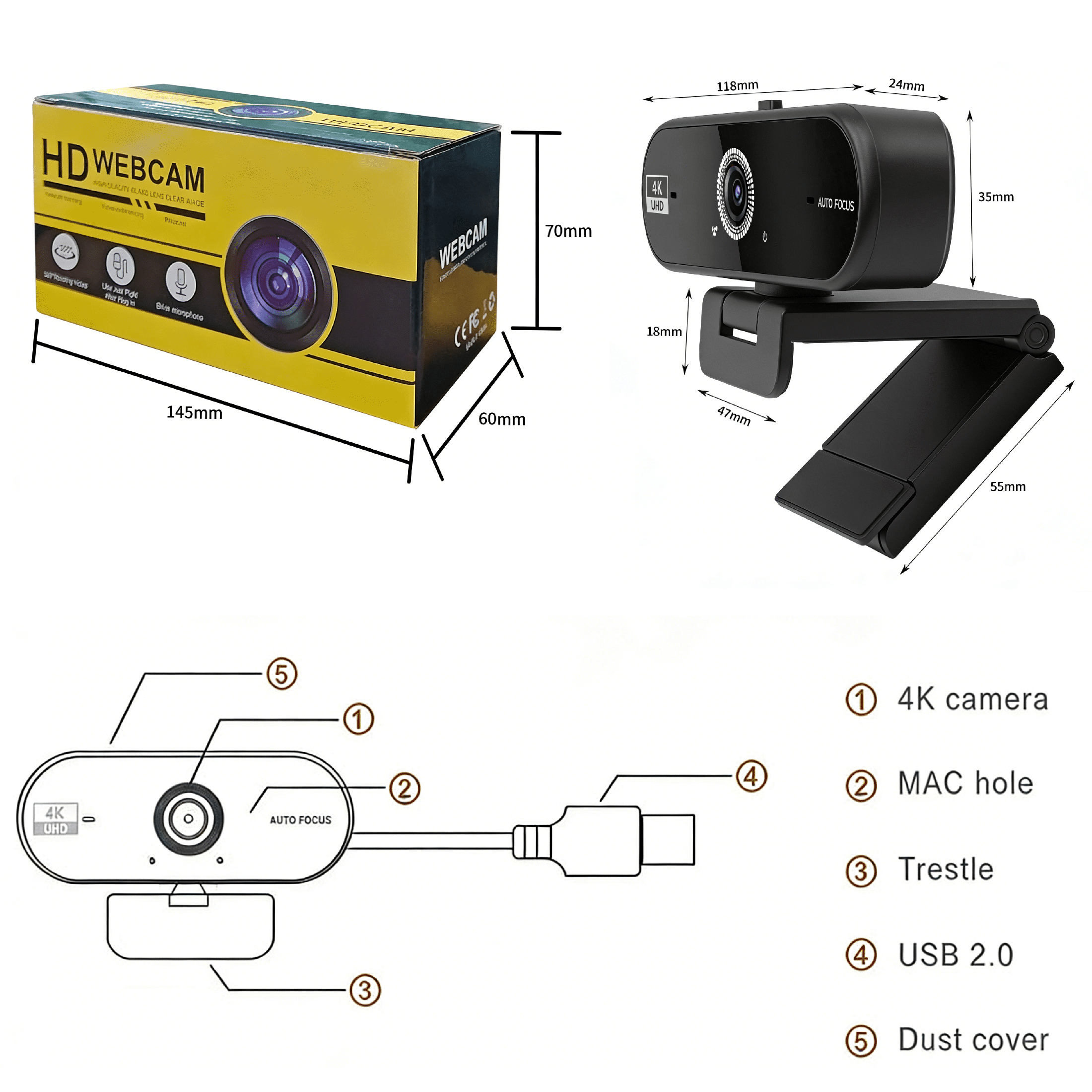 JETO W08 1-Pack 4K Webcam, 30fps Camera with Autofocus, Hidden Privacy Shutter, Noise-Reducing Mic, USB Plug and Play for Streaming and Conferencing