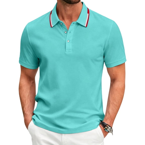 Homeyce Polo Shirts for Men Collar Short Sleeve Shirts Button Down Classic Casual Lightweight Shirt Solid Color Pullover Shirts,Blue S