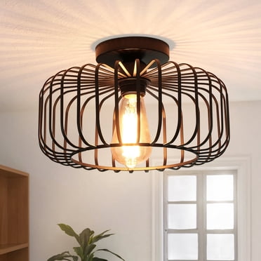 FRIDEKO HOME Modern Black Semi Flush Mount Ceiling Light Fixture, 11.22" Industrial Metal Cage Ceiling Lights, Chandeliers with E26 Base for Bedroom, Living Room, Kitchen, Hallway  (Without Bulb)
