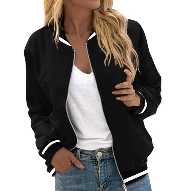 Wlynlyn Vestes pour Femmes Col Rond Manches Longues Manteaux Zippés Décontractés Unis Amples Uniforme de Baseball avec Poches