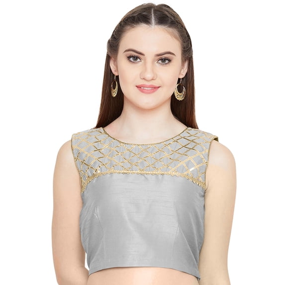eloria Women's Gottapati Design Art Silk Sari Top Summer Casual Boat Neck Blouse Color : Light Grey, Size : 34