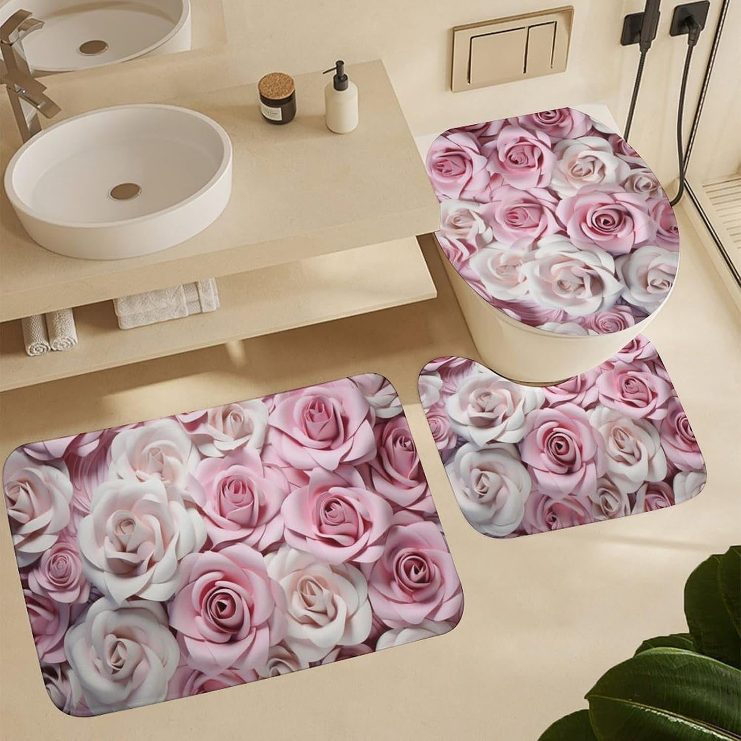 Beautiful Pink Roses Shower Curtain Sets with Rugs Toilet Lid Cover and Bath Mat Colorful Romantic Floral Shower Curtains with 12 Hooks Waterproof 4 Piece Bathroom Decor Set