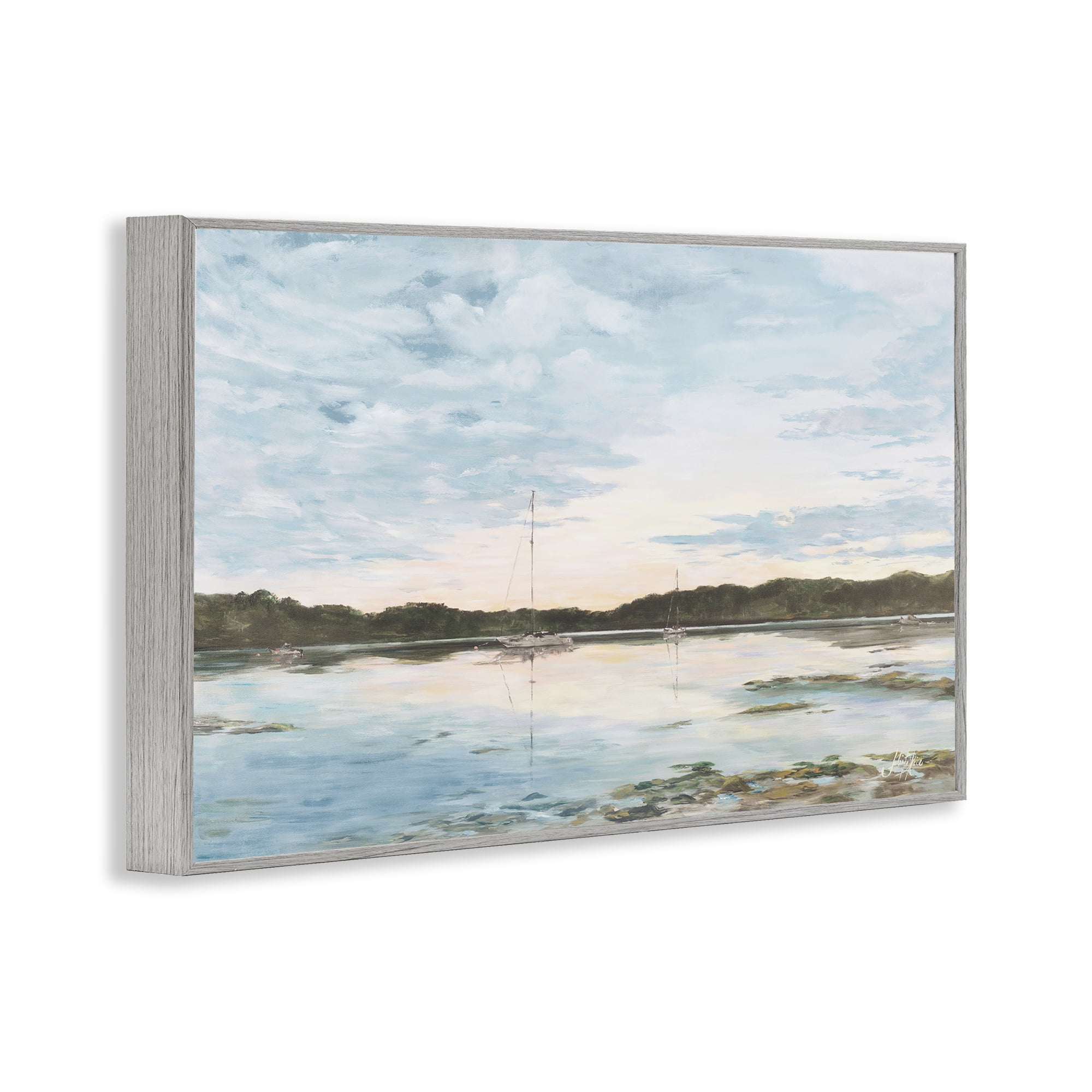 Stupell Industries Quiet Day on Lake Landscape Painting Gray Framed Art Print Wall Art, 30 x 20