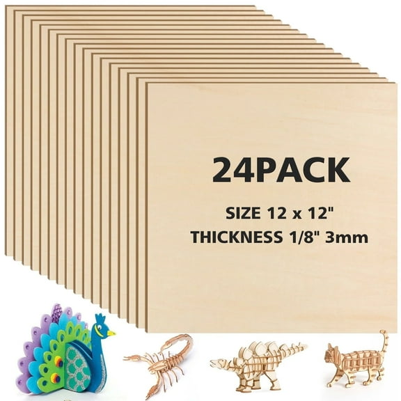24-Pack 12x12x1/8" Basswood Sheets for Crafts, Square Unfinished Basswood for Laser Cutting, Plywood Sheets for Crafts DIY Painting