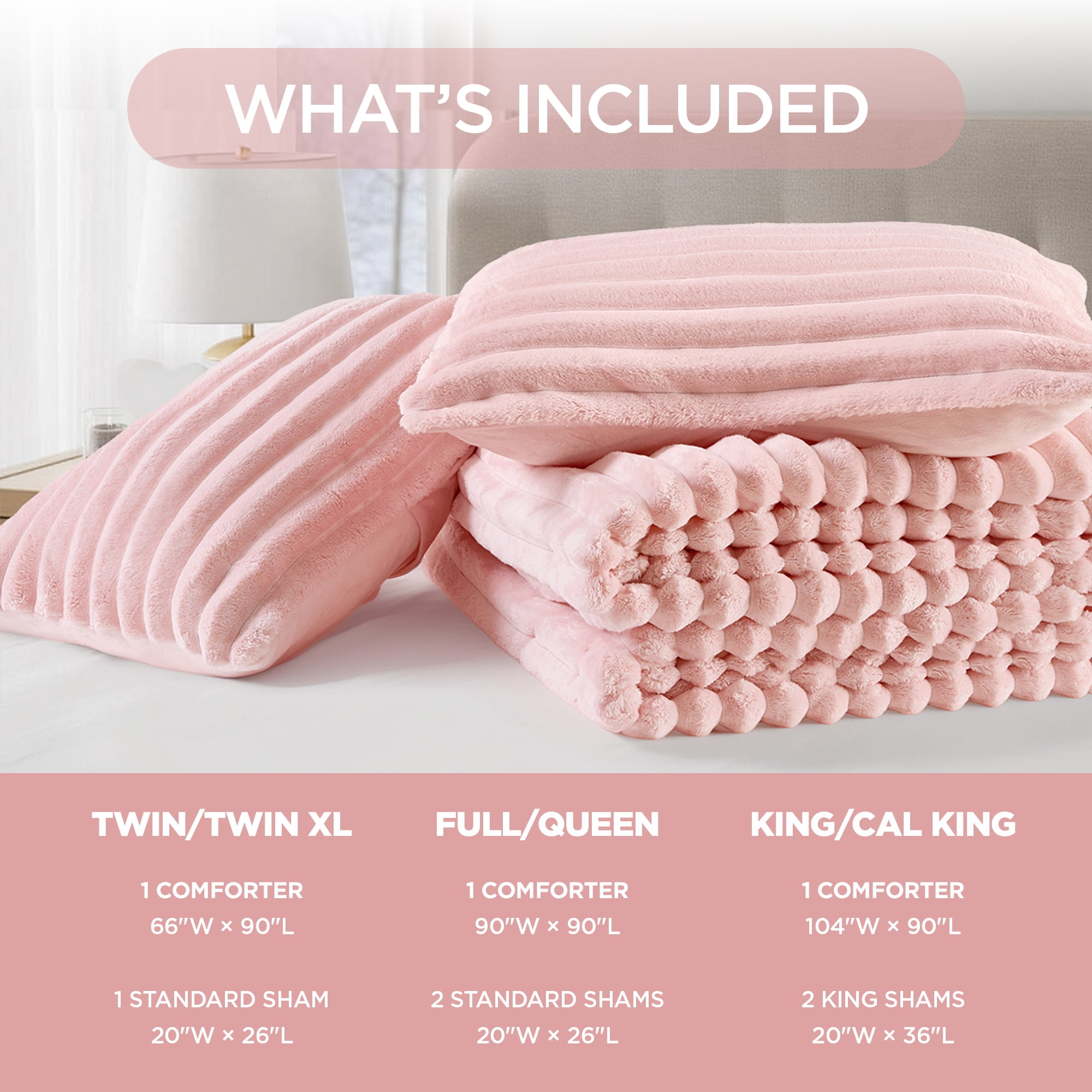 Regency Heights Full/Queen Size Comforter Set, Fluffy Ribbed Plush Comforter Set, 3-Piece Bedding Set, Pink