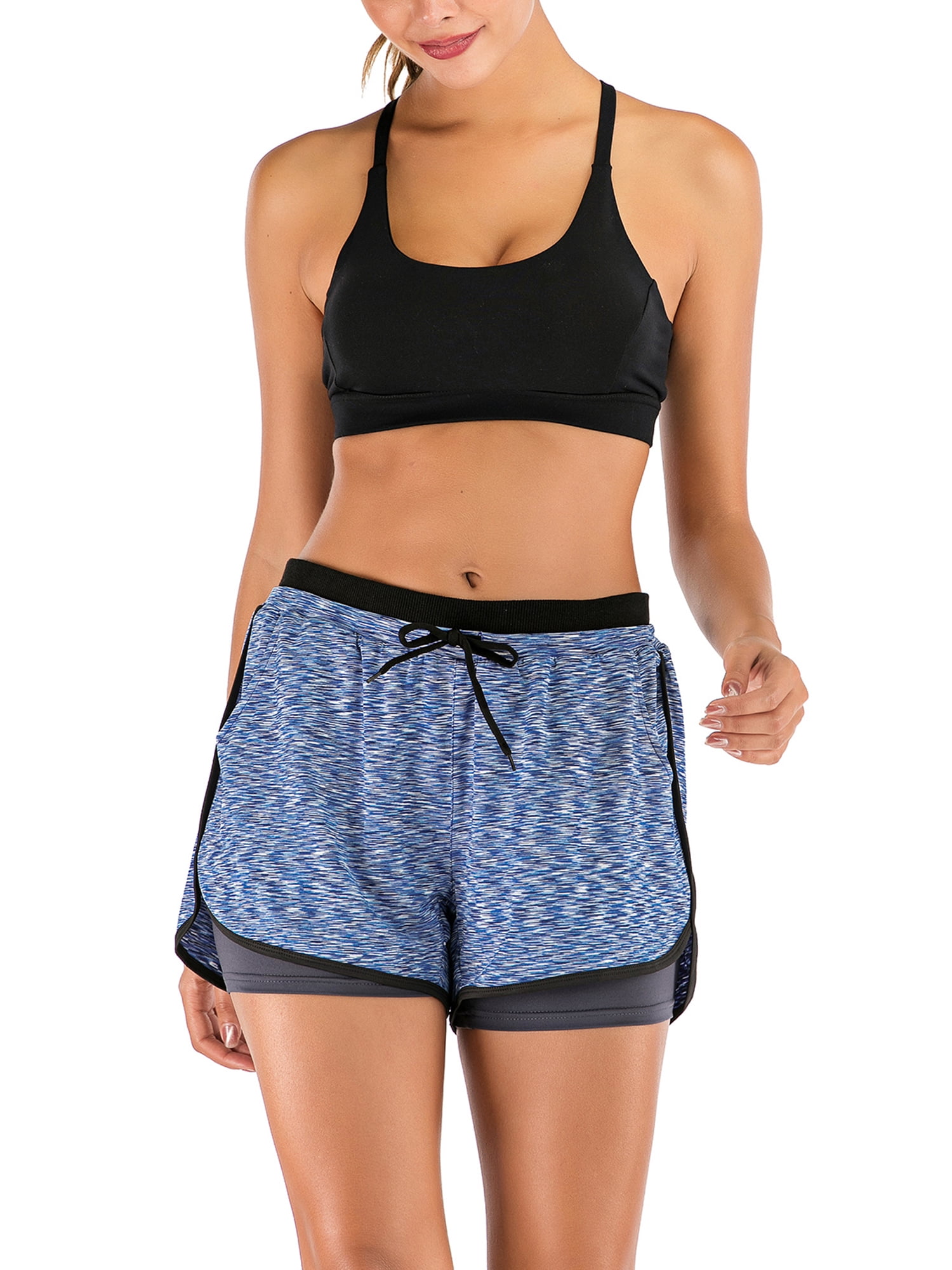 Women Sport Short Fitness Running Short Pants Outdoor Elastic Summer Sport Girl-Black & Black S