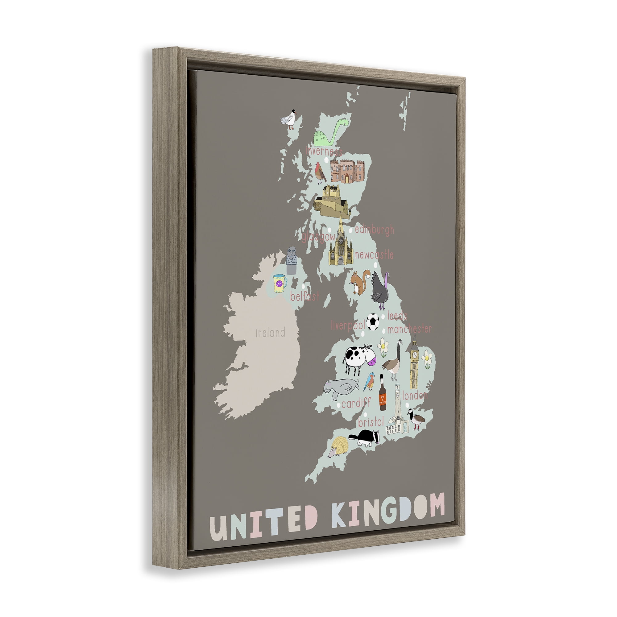 Kid's Map of United Kingdom Brown Framed Floater Canvas Wall Art, design by Carla Daly