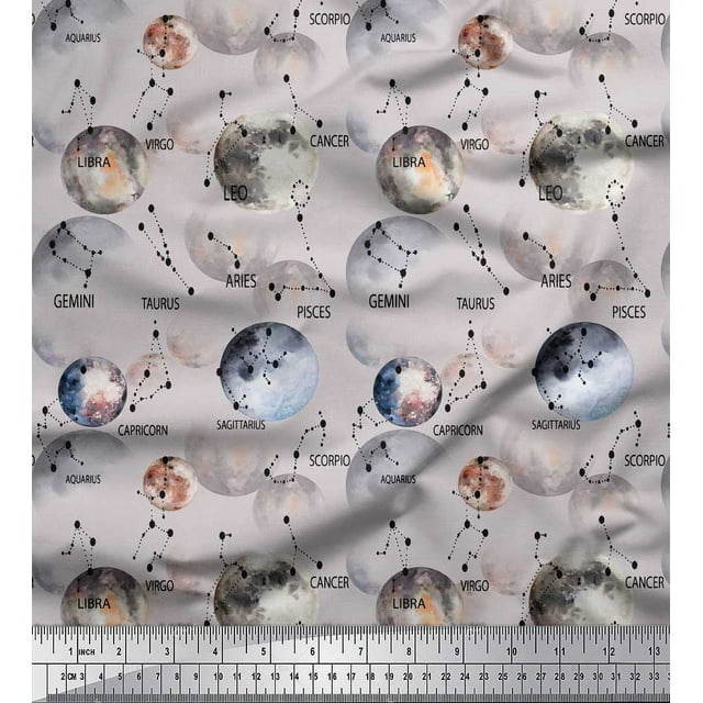Soimoi Gray Cotton Voile Fabric Zodiac Text & Planet Galaxy Decor Fabric Printed Yard 58 Inch Wide