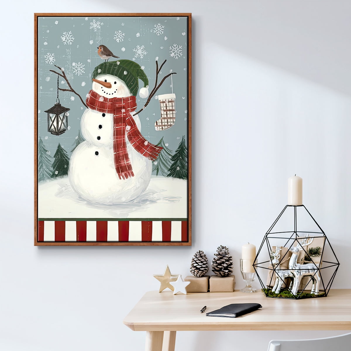 Jolly Snowman Collection B - Framed Gallery Wrapped Holiday Canvas - 17 x 25 - Rosewood Frame