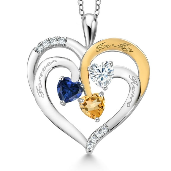 Gem Stone King Two Tone Blue Created Sapphire White Moissanite Yellow Citrine `Forever in My Heart` Engraved Pendant Necklace for Women (1.38 cttw, Heart Shape 5MM, 18 inch Chain)