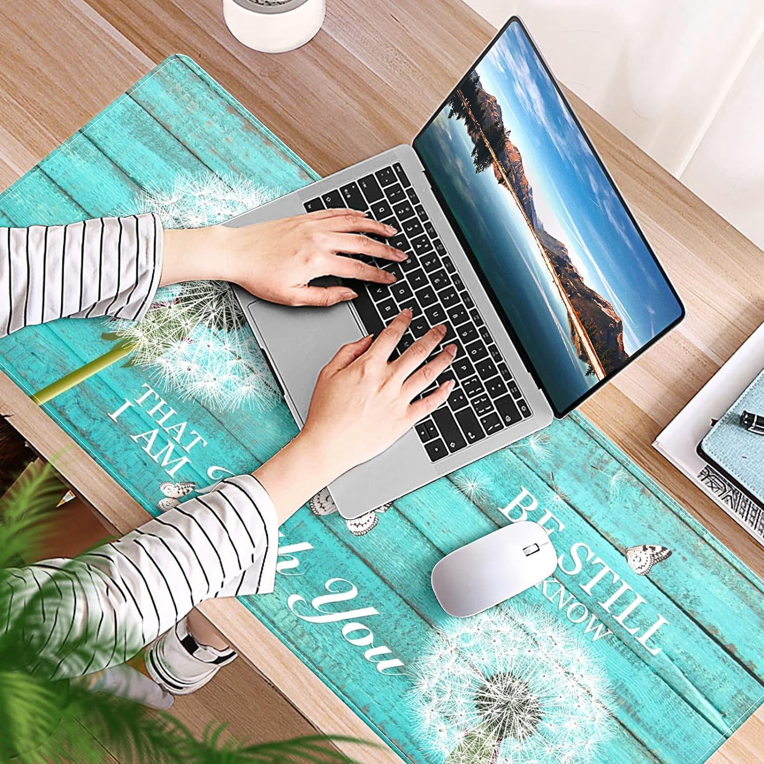 Teal Turquoise Wood Dandelion Desk Mat, Desk Accessory, Cute Workspace, Trendy Workspace, Trendy, 35.4x15.7in Large Gaming Mouse Pad, Cute Desk Topper, Pretty Desk Pad