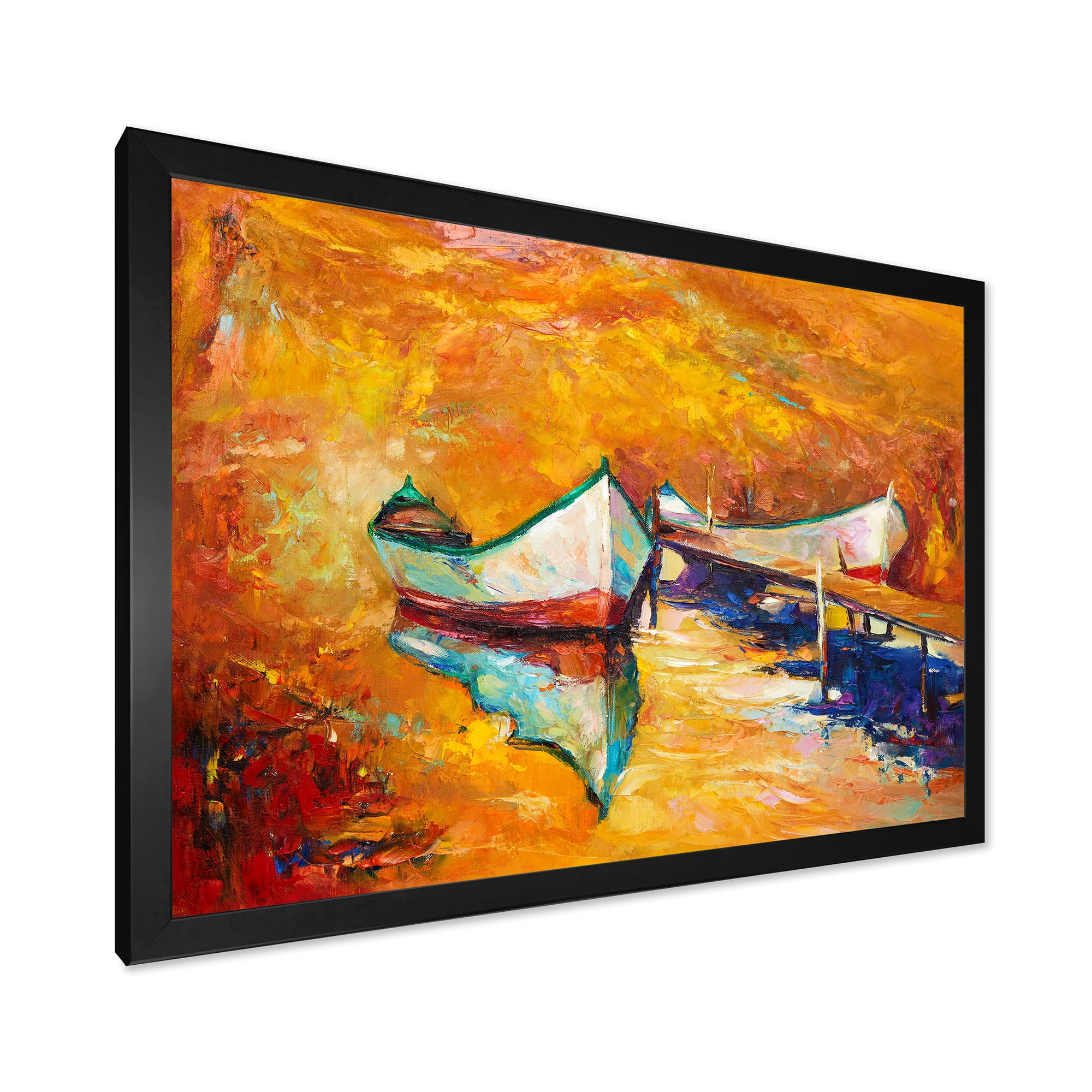 Little Boat During Warm and Orange Evening 32 in x 24 in Framed Painting Canvas Art Print, by Designart