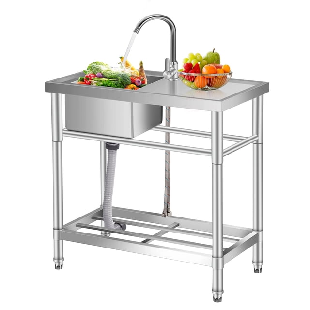 GloryStar Utility Sink with Workbench and Rack, Deep Stainless Steel Basin, Comes with Faucet and Complete Hot & Cold Water Plumbing, for Laundry, Kitchen, Garage, Workshop, or Outdoors