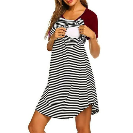 

Skksst Pregnant Womens Plus Size Stripe Maternity Nursing Breastfeeding Short Sleeve Dress