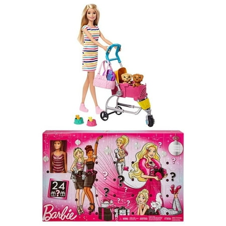 Lian LifeStyle Barbie Bundle, Barbie Advent Calendar + Barbie Stroll n Play Pups Playset with Blonde Barbie Doll. 2 Packs