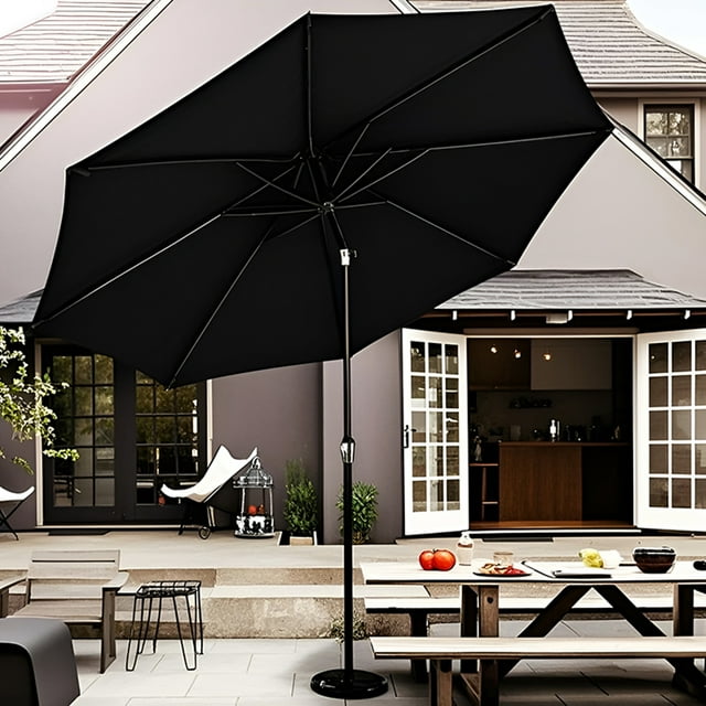 Parasol de Patio Rond d'Extérieur de 9 Pi, Parasol de Table Parasol de Marché avec 8 Nervures Robustes, Inclinaison à Bouton-Poussoir et Manivelle