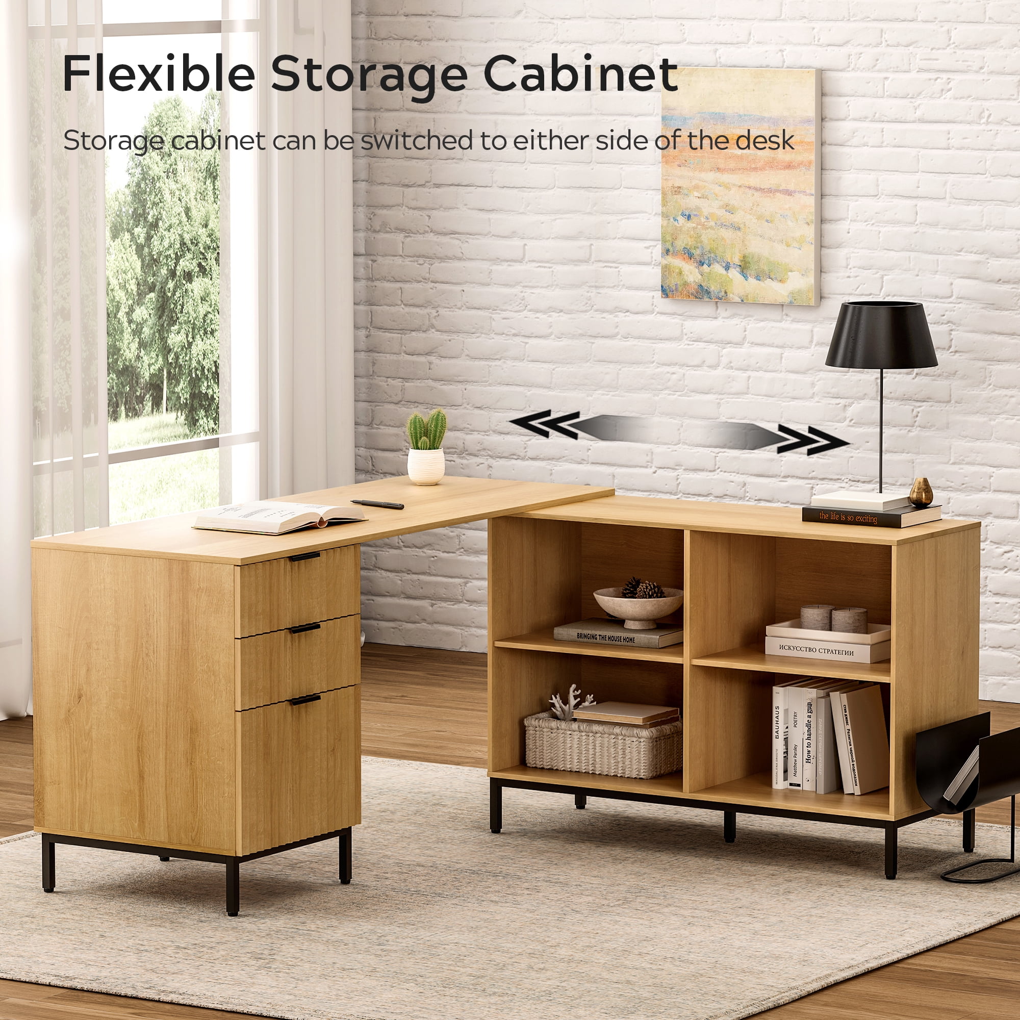 EYYTHUNG 60" Fluted Executive Desk with Storage Cabinet, Modern Home Office Desk with File Drawer, L Shaped Writing Desk