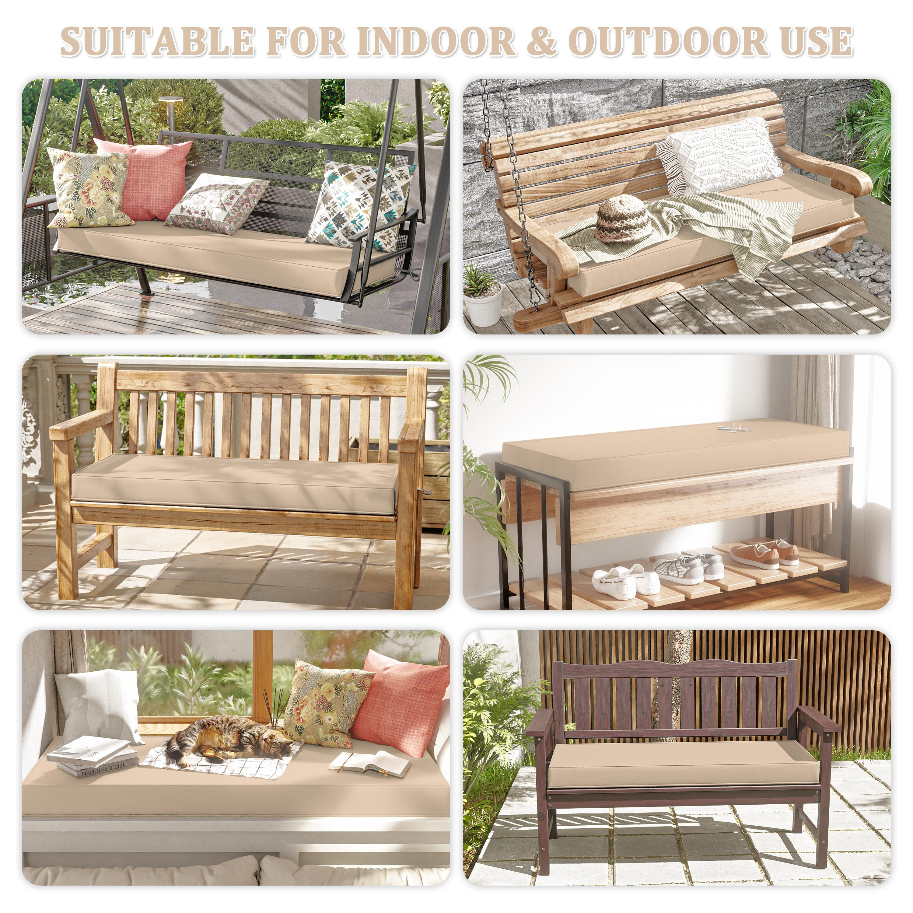Kimunuk Outdoor Bench Cushions 42 x 18 x 3.5 Inch, High Density Foam Bench Seat Cushion, Porch Swing Cushion with Non-Slip Removable Cover, Sand