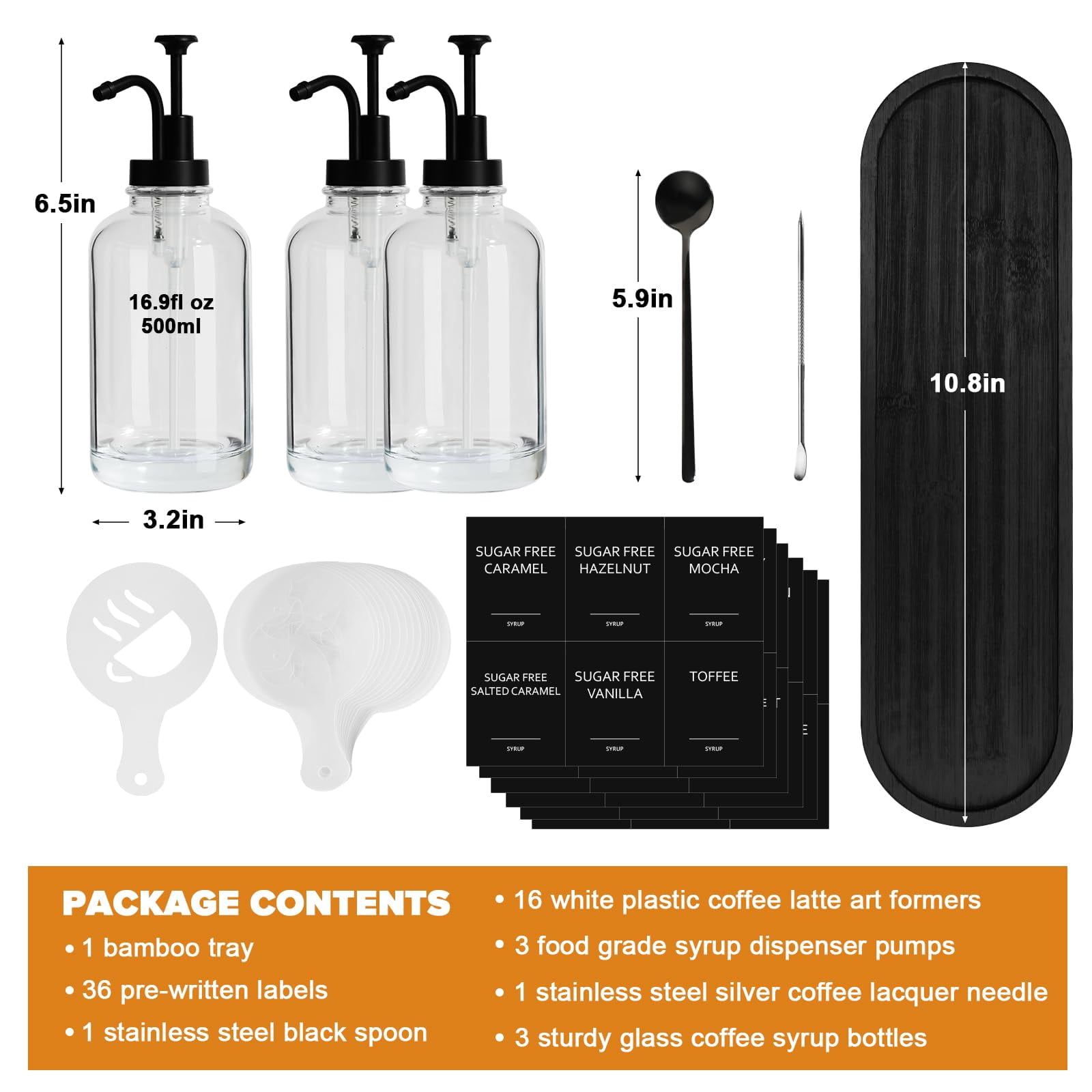 Syrup Dispenser For Coffee Bar  Glass With Pump 16.9 Fl Oz Honey Bottles Labels Spoons Art Pen 3 Pack