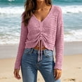 thumbnail image 5 of Ke1Clo Summer Tops for Women Boho Knitted Hollow Out V Neck Long Sleeve Tie Front Shirt Casual Loose Crop Beach Cover Up Pink Free Size, 5 of 7