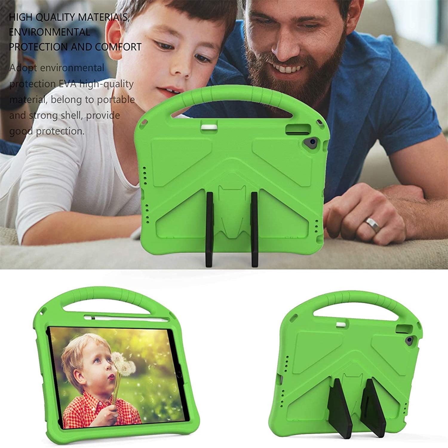 Allytechgroup Kids Case for iPad 9th/8th/7th Generation iPad 10.2 inch 2021/2020/2019 with Kickstand/Handle Stand/Pencil Holder [Screen Protector] Shockproof Cover for Boy Girl Children, Green