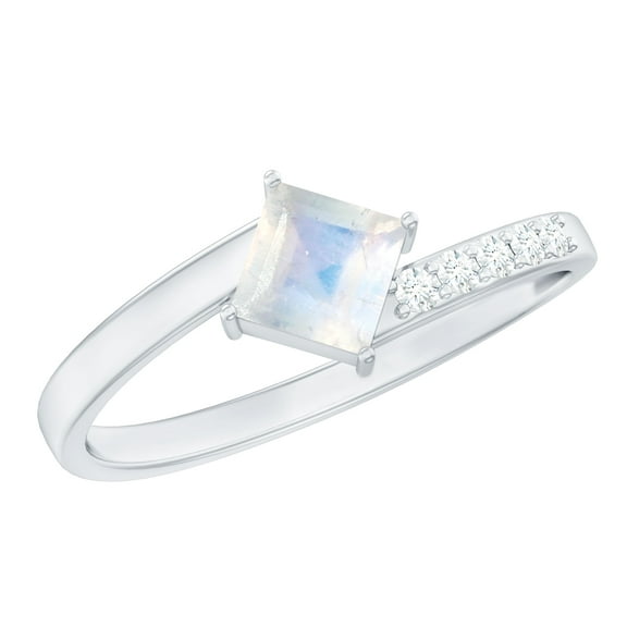Rosec Jewels Princess Cut Moonstone Promise Ring with Diamond - Bypass Ring - AAA Quality - Ready to Gift for Valentines, 925 Sterling Silver, US 4.00