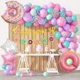 thumbnail image 1 of 81 piezas de decoración de fiesta de cumpleaños de donut, kit de guirnalda de globos de donut, suministros para fiestas de crecimiento, pancartas, confeti rosa, azul aguamarina, globos de látex para, 1 of 5