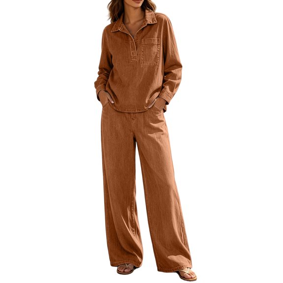 QQZ Wide Leg Pants 2 Piece Set For Women, Denim Long Sleeve Collared Top & Palazzo Pants Casual Outfit