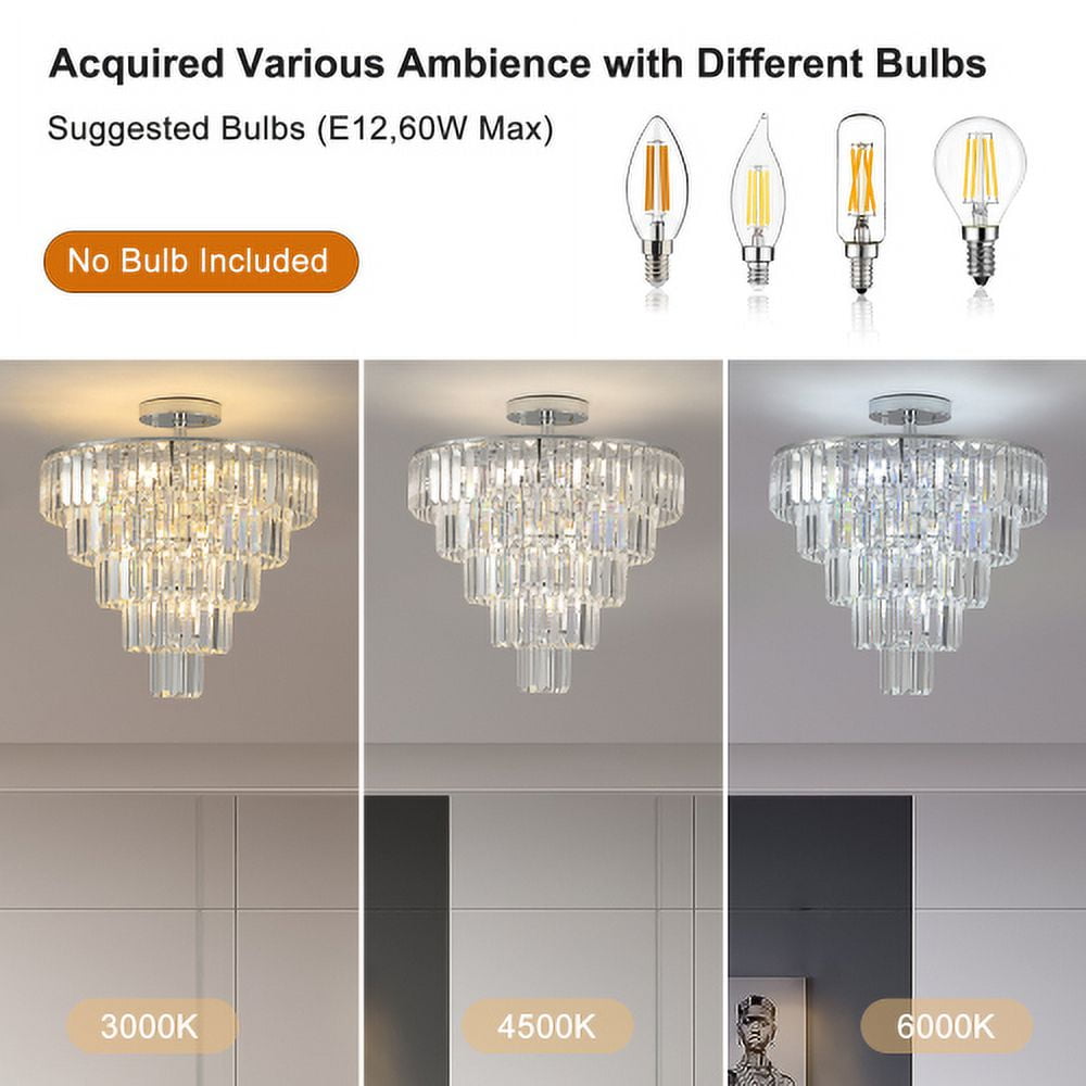 ACE-LIGHTS,5-Tier Chrome Crystal Semi Flush Mount Chandelier Light Fixture,Large Contemporary Luxury Ceiling Lighting for Living Room,Bedroom,Dining Room,Hallway,Restaurants,Holels,Bars(Chrome)