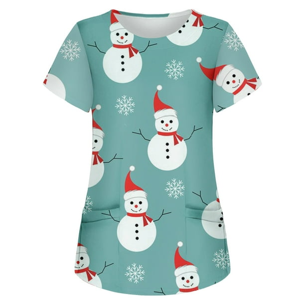 Tops de manga corta para mujer Uniforme de trabajo Blusa de bolsillo con estampado navideño Fridja gope404