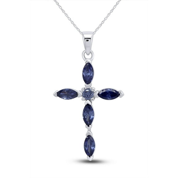 AFFY 1.43 Ct Simulated Tanzanite Cross Pendant Necklace 14K White Gold Over Sterling Silver