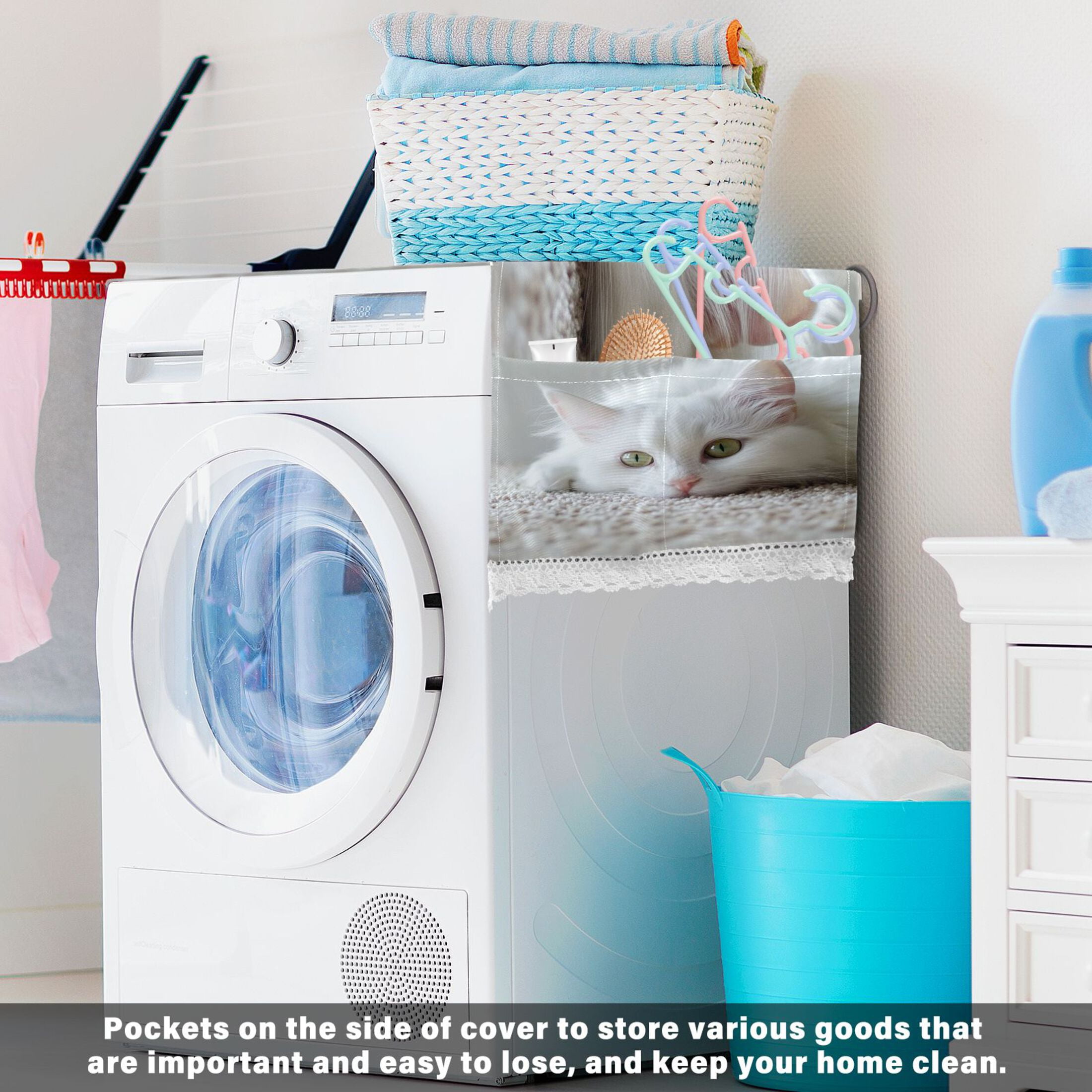 White CatWasher and Dryer Covers Dust-Proof and Oil Resistant Fridge Cover with 4 Storage Pockets Washing Machine Top Cover for Laundry Kitchen Home 51.2 x 22 In