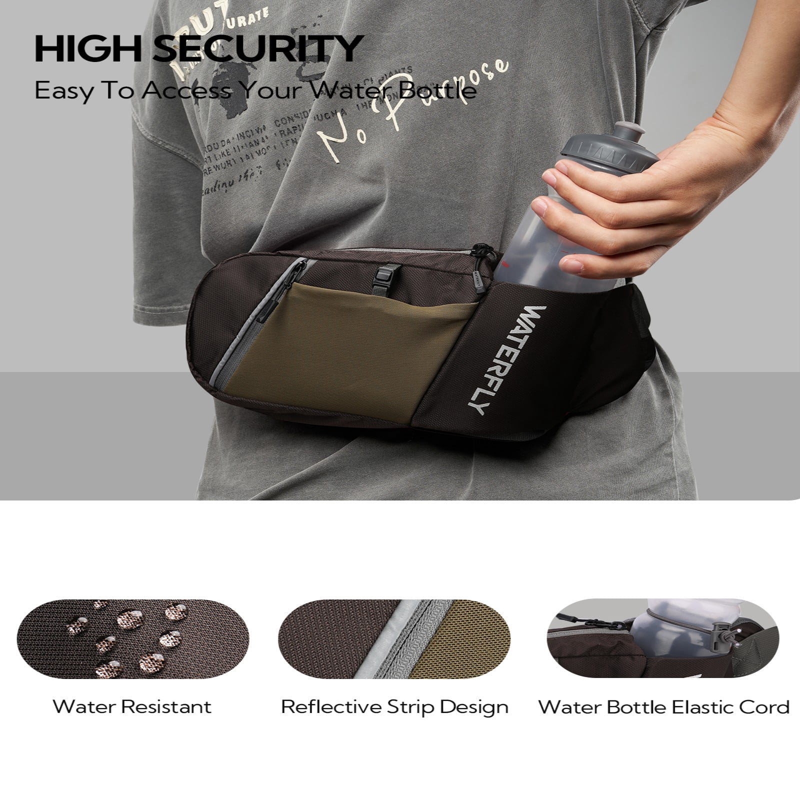 WATERFLY Unisex with Bottle Holder Running Walking Hiking Nylon Fanny Pack Waist Bag,Brown