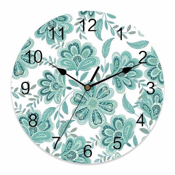 Wall Clock Turquoise Paisley Floral Clocks PVC Silent Non-Ticking Battery Operated Decorative Bohemian Vintage Flower Round Clock for Home Living Room Kitchen Bedroom Office Wall Decor 10 Inch