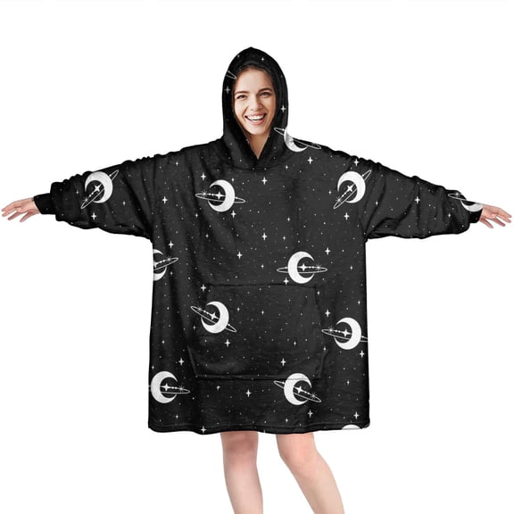 Wearable Oversized Blanket,Black Star Moon Planet Pattern Wearable Blanket Hoodie for Adults,Cozy Hooded Blankets with Super Pockets,Super Warm Fuzzy Pullover for Women & Men