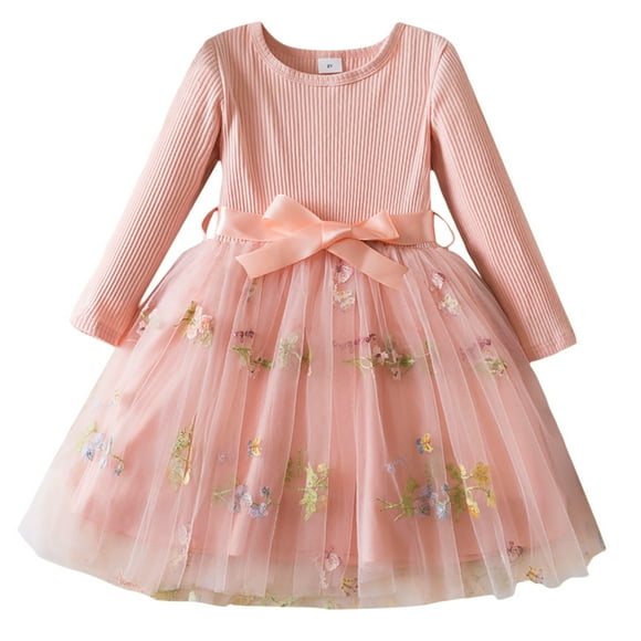 WEAIXIMIUNG Robes Décontractées pour Tout-Petits Filles Manches Longues Nœud Brodé Fleurs Imprimées Robes Vêtements 12-24 Mois