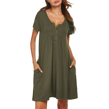 

Glonme Ladies Sleep Dress Buttons Pajama Short Sleeve Nightgown Nightdress Nightwear Night Gowns Soft Henley Neck Sleepwear Army Green 2XL