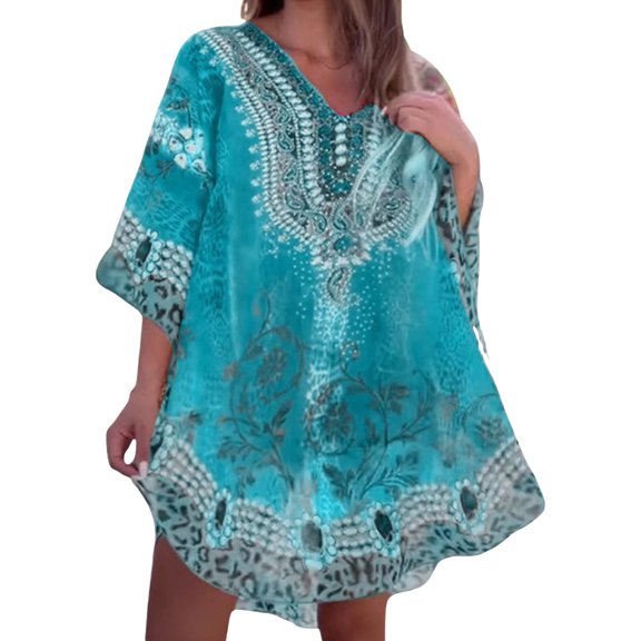 Generic Women's Contrast Bathing Suit Cover Up V-Neck Swimsuit Coverups Loose Swimwear Beach Dress Beachwear
