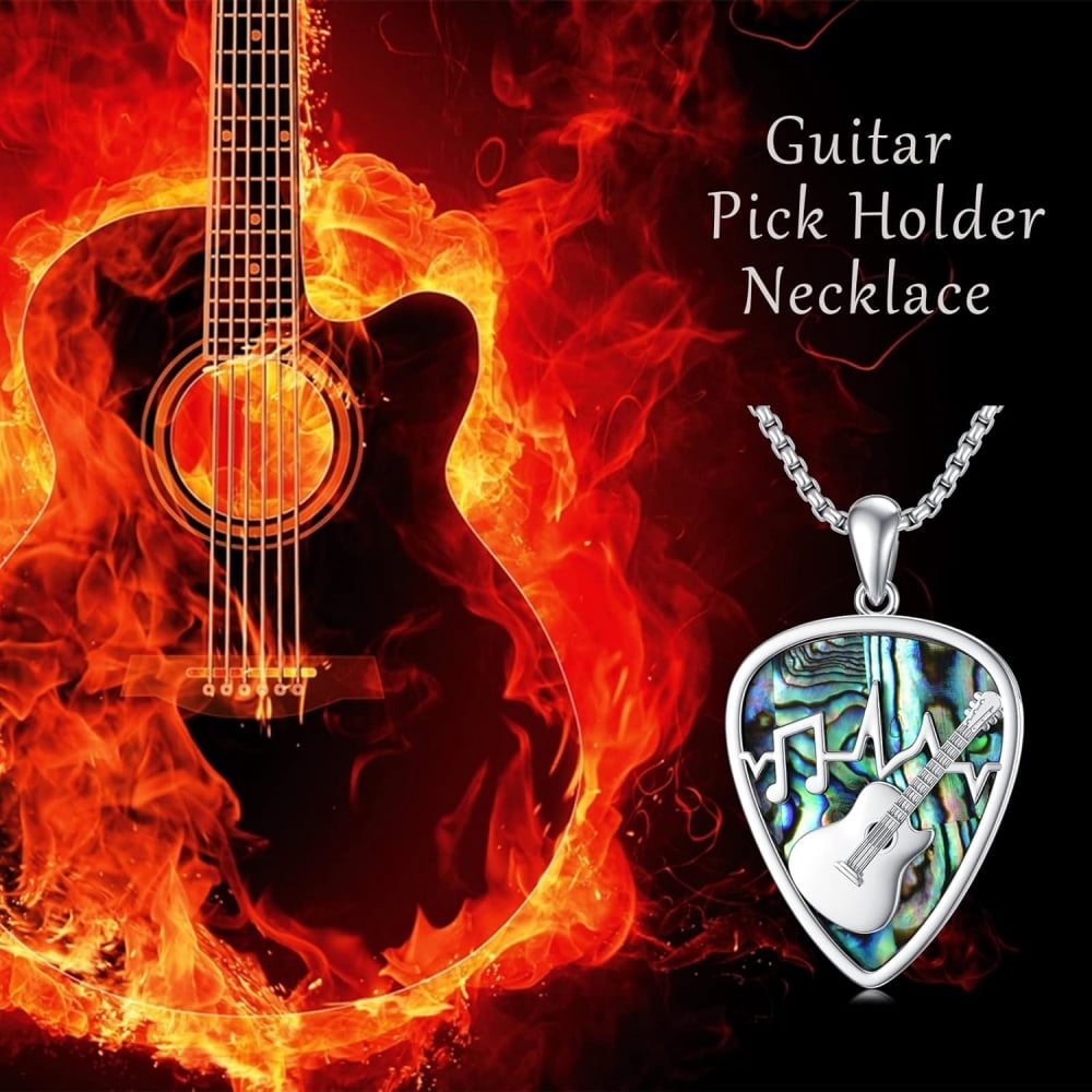 CACA LADY Guitar Pick Holder Necklace 925 Sterling Silver, Soundwave Guitar Pick Pendant Holder Engrave Guitar with Music Note Pendant Jewelry Musicians for Guitar Lovers Music Lovers