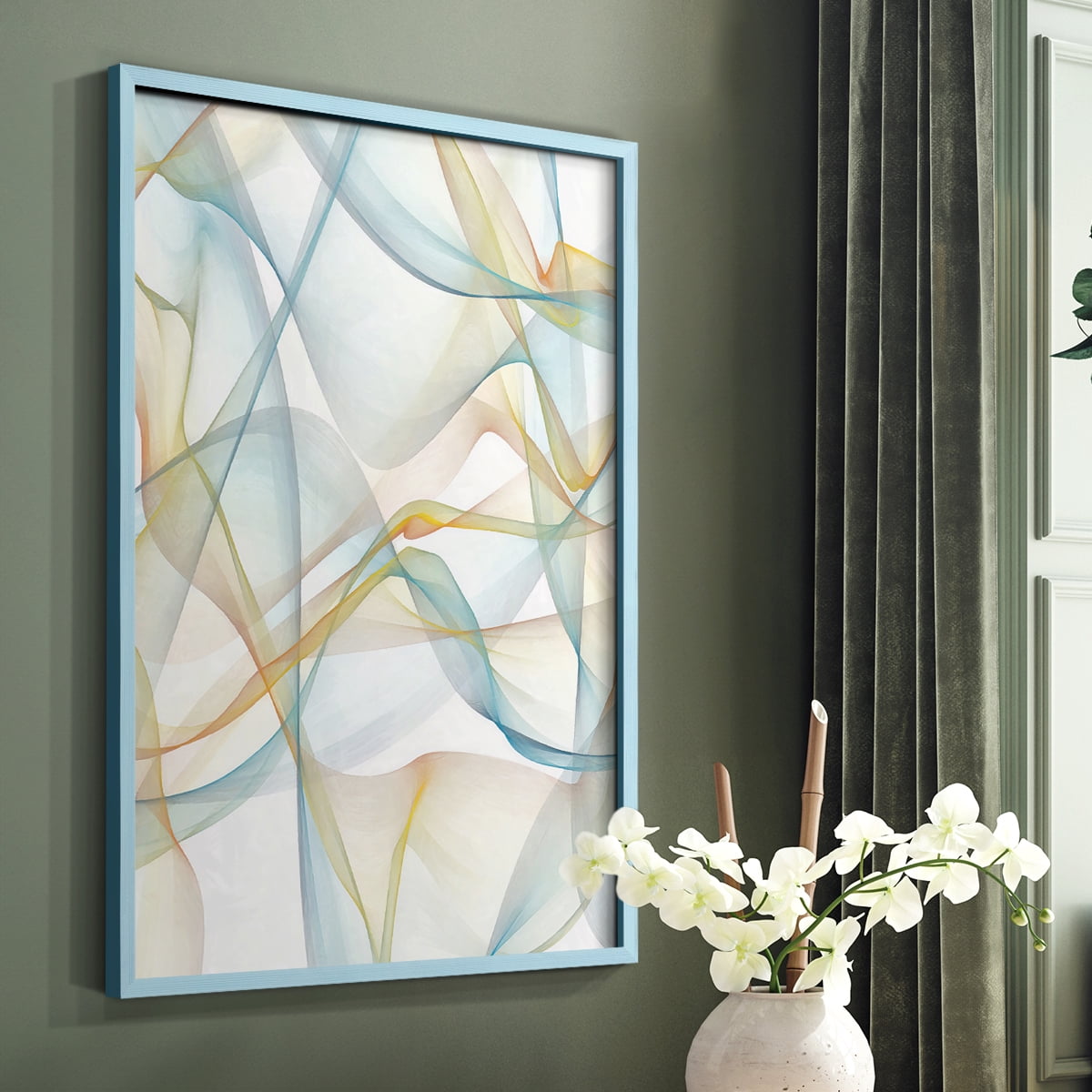 Curves and Waves IV Framed Print in Blue Solid Wood Framed Print No Nail Hanging