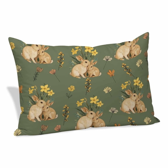 Easter Bunny Pillow Covers, Linen Long Throw Pillow Case, Spring Yellow Flowers Country Plants Green Holiday Pillow Protector Decorative Cushion Cover for Living Room/Bedroom 12" x 20"