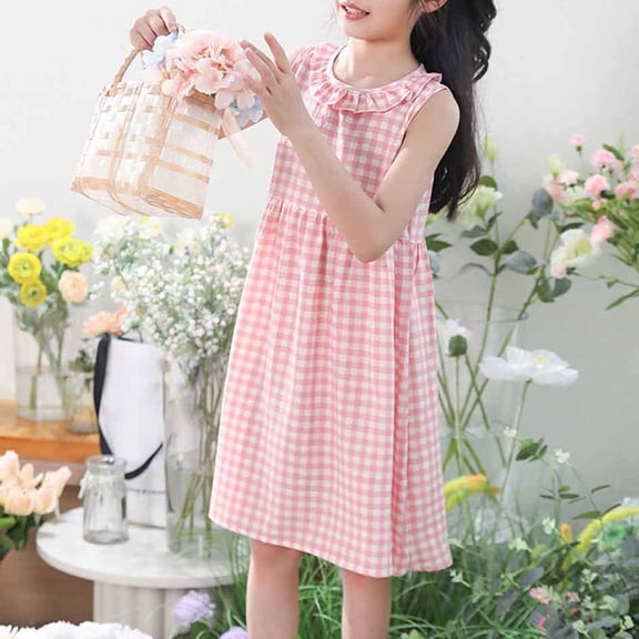Eltusu Girls Cotton Dresses, Sleeveless Plaid Summer Crew Neck Kids Clothes Pink Size 8-9 T