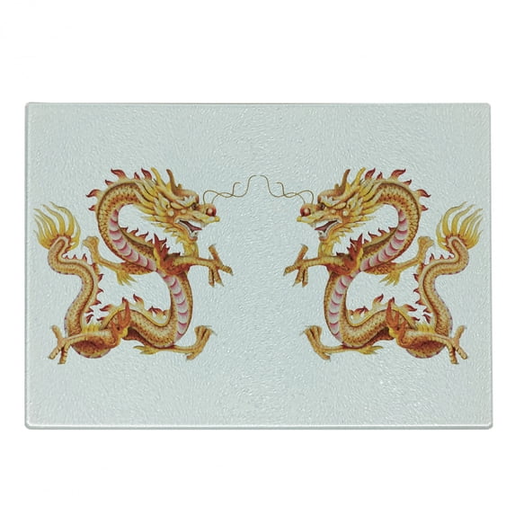 Dragon Cutting Board, Twin Dragon Zodiac Statues Art Chinese Philosophy Themed Picture, Decorative Tempered Glass Cutting and Serving Board, Small Size, Vermilion Yellow, by Ambesonne