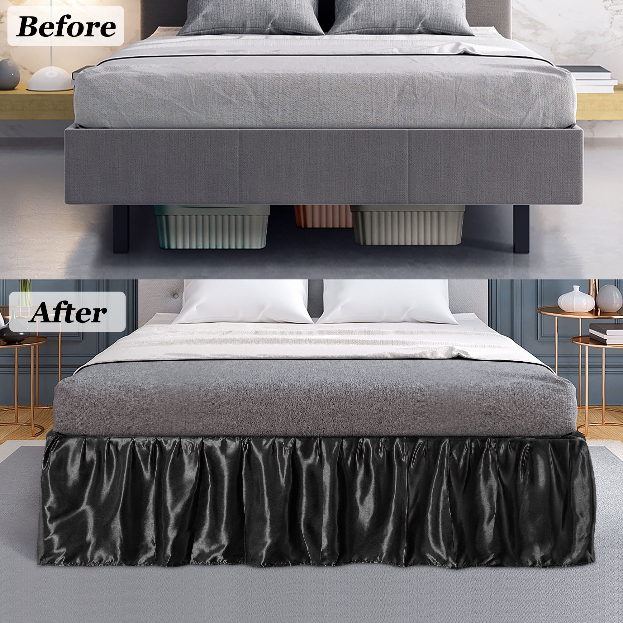 PiccoCasa Satin Silk Wrap Around Bed Skirt Dust Ruffle 18" Drop, Twin Black