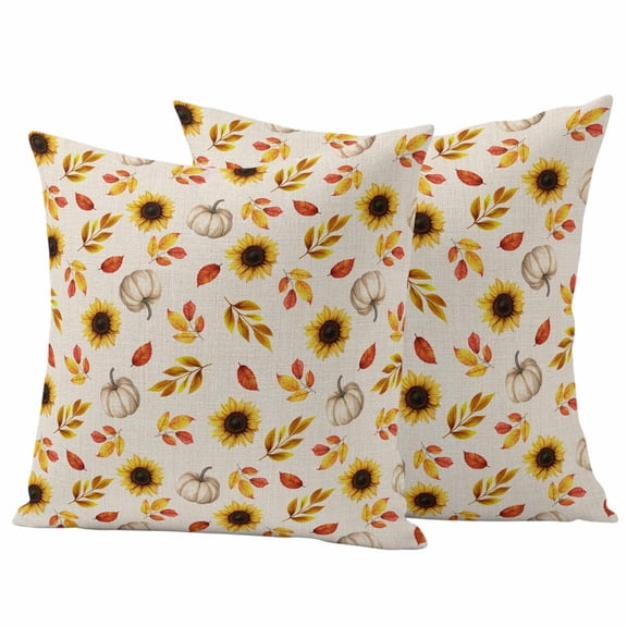 Sunflower Pumpkin Fall Outdoor Waterproof Pillow Covers, Thanksgiving Maple Leaves Linen Decorative Square Throw Pillowcase Sofa Cushion Sham for Patio/Couch/Chair, 18"x18" 2 Pack