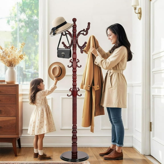 Wooden Coat Rack Stand, Vintage Natural Birch Wood Coat Racks Freestanding, Solid Coat Tree Stand with 14 Hooks, Classic Sturdy Coat Racks Hall Tree for Entryway, Office