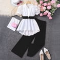 thumbnail image 2 of Huowey Girls Summer Outfit Solid Color Short Puff Sleeve Button Bown High Low Turndown Collar Shirt Straight Leg Trousers Two Piece Casual Stylish Clothing Set Fashion Streetwear,Black,11-12 Years, 2 of 5