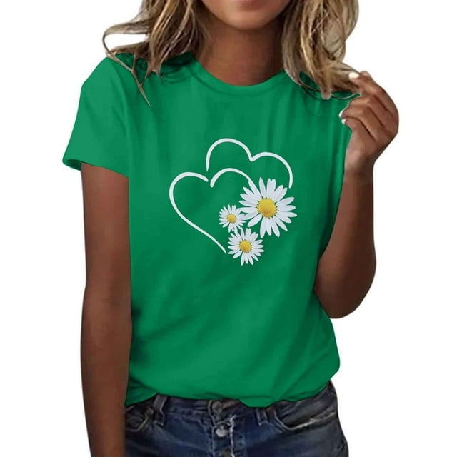 FRSASU Chemises pour Femmes Imprimé Cœur d'Amour Chrysanthème T-Shirts Graphiques Manches Courtes Col Rond T-Shirt Décontracté Vert 12(TTG)