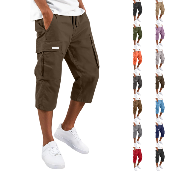 Below The Knee Shorts for Men Corduroy Long Cargo Shorts Casual 3/4 Length Sweat Capris with Pockets Brown S